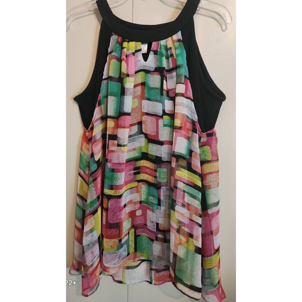 F9 Soft Works bright multicolored sheer lined tank blouse black contrast trim